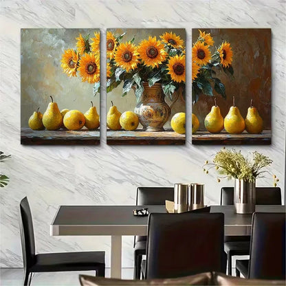 3pcs Sunflower and Pears Still Life Metal Print Ready to Hang Art