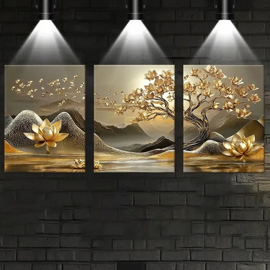 3pcs Golden for Lotus Tree & Mountain Landscape Metal Print Ready to Hang Art
