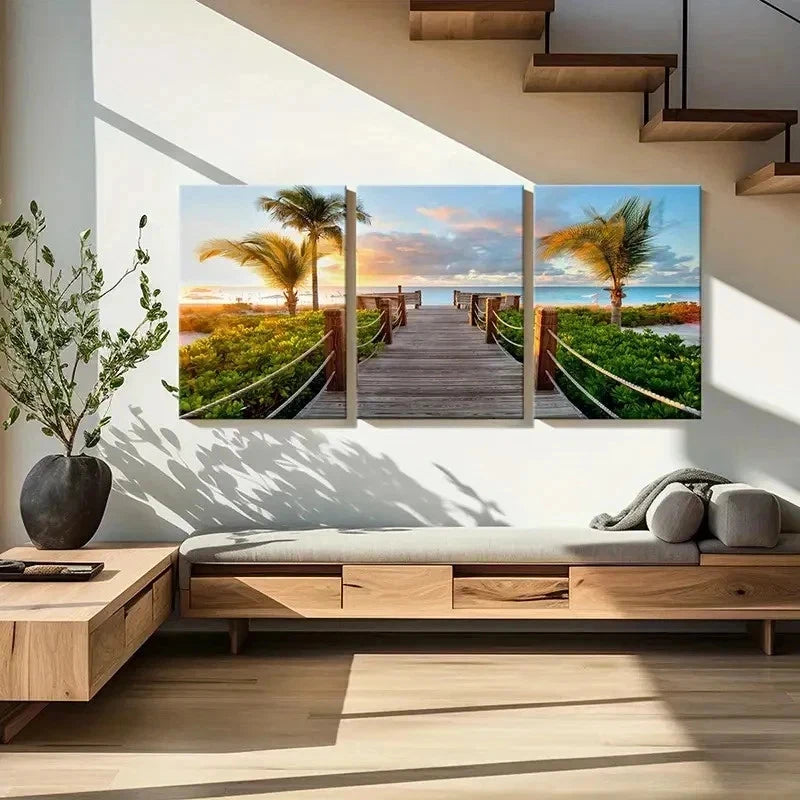 3pcs Beach At Sunset Palm Trees Modern Wall Art Set Canvas Framed 60x90cm - High Quality Print 100% Australian Made Wall Canvas Ready to Hang - Bella Home Decor
