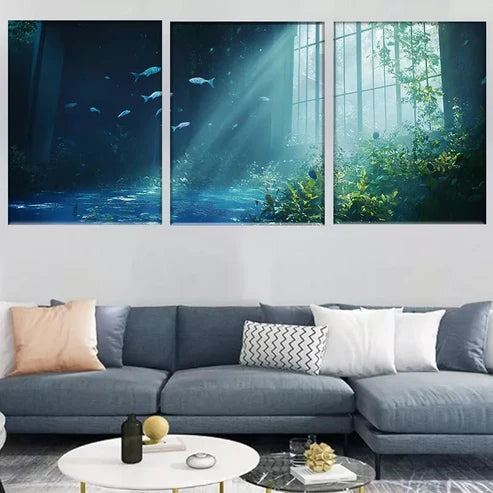 3pcs Tranquil Underwater Scene with Light Rays Wall Wall Art Canvas Unframed - High Quality Print 100% Australian Made Wall Canvas