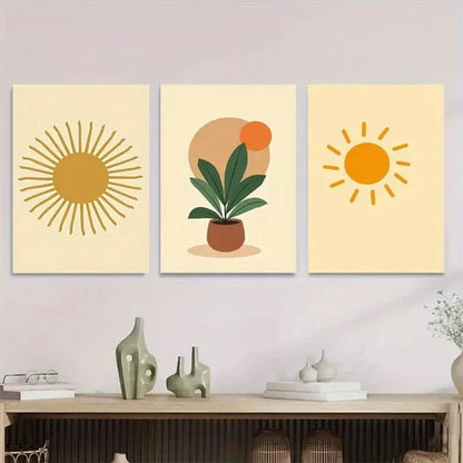 3pcs Vibrant Sun & Plant Sunny Botanical Wall Art Set Canvas Unframed - High Quality Print 100% Australian Made Wall Canvas