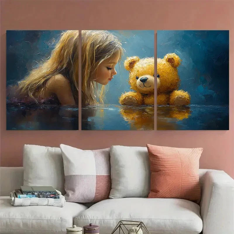 3pcs Girl Abstract Bear Toy Impasto Design Metal Print Ready to Hang Art - Bella Home Decor