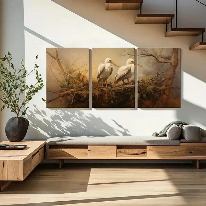 3pcs Egret Nest Tree Branches Animal Art Metal Print Ready to Hang Art - Bella Home Decor