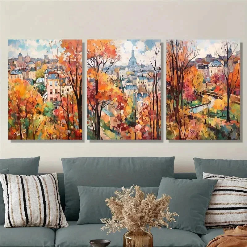 3pcs Birch forest autumn watercolor style, Metal Print Ready to Hang Art