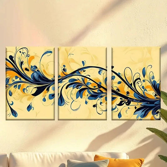 3pcs blue and yellow floral design on a yellow Wall Art Set Canvas Framed 60x90cm - High Quality Print 100% Australian Made Wall Canvas Ready to Hang