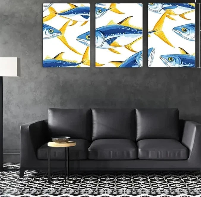 3pcs Blue Tuna Art Painting Metal Print Ready to Hang Art - Bella Home Decor