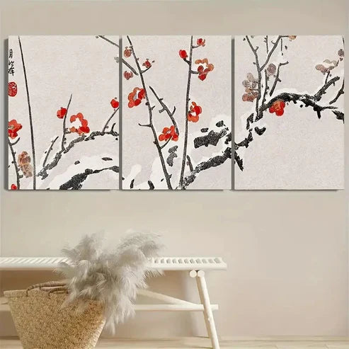 3pcs Flowering Plums in Snow Wall Art Set Canvas Unframed - High Quality Print 100% Australian Made Wall Canvas - Bella Home Decor