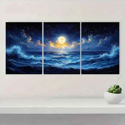 3pcs Deep Blue Sea Waves with Full Moon & Stars Metal Print Ready to Hang Art - Bella Home Decor