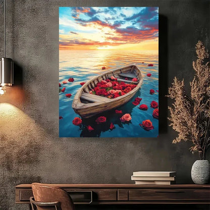 Beautiful Modern Vintage Boat With Flowers Painting 40x60cm Metal Print Ready to Hang - Bella Home Decor