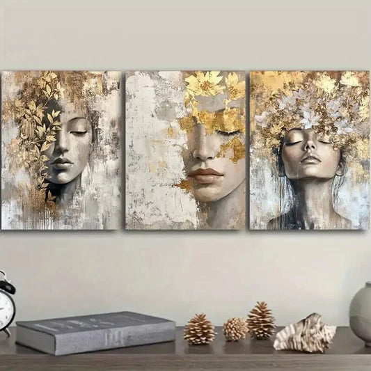 3pcs Golden and gray girl Art Painting Metal Print Ready to Hang Art