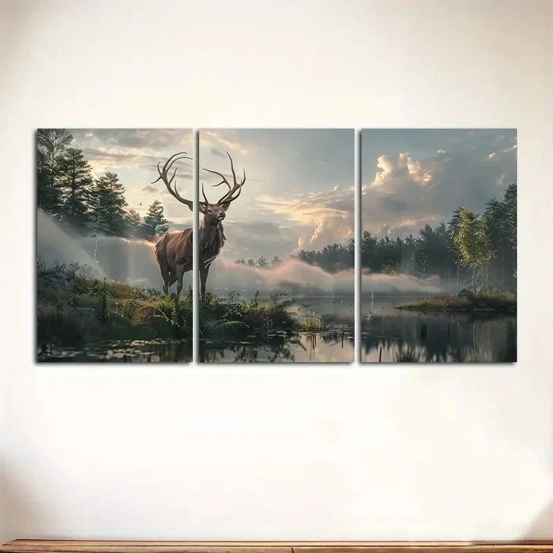 3pcs Elegant Stag in Misty Forest Landscape Metal Print Ready to Hang Art