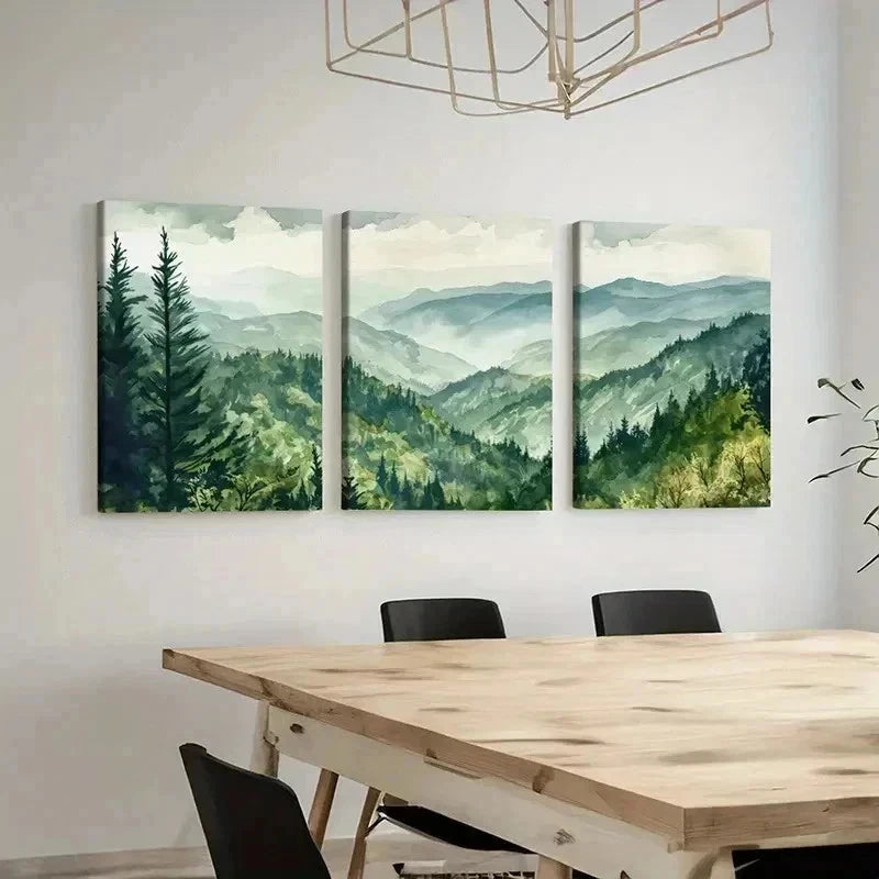 3pcs Vintage Mountain Green Forest Misty Hills Wall Art Set Canvas Framed 60x90cm - High Quality Print 100% Australian Made Wall Canvas Ready to Hang