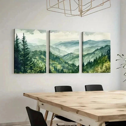 3pcs Vintage Mountain Green Forest Misty Hills Wall Art Set Canvas Framed 60x90cm - High Quality Print 100% Australian Made Wall Canvas Ready to Hang