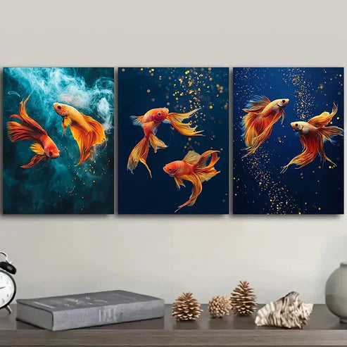 3pcs yellow betta fish  Wall Art Set Canvas Unframed - High Quality Print 100% Australian Made Wall Canvas - Bella Home Decor