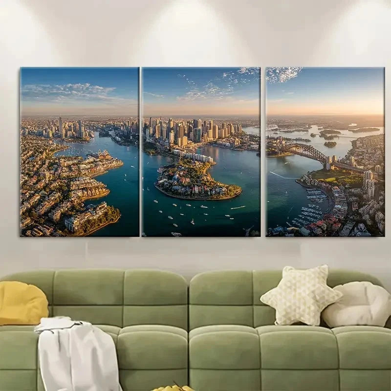 3pcs Aerial Sydney Skyline Harbour View Wall Art Set Canvas Framed 60x90cm - High Quality Print 100% Australian Made Wall Canvas Ready to Hang - Bella Home Decor