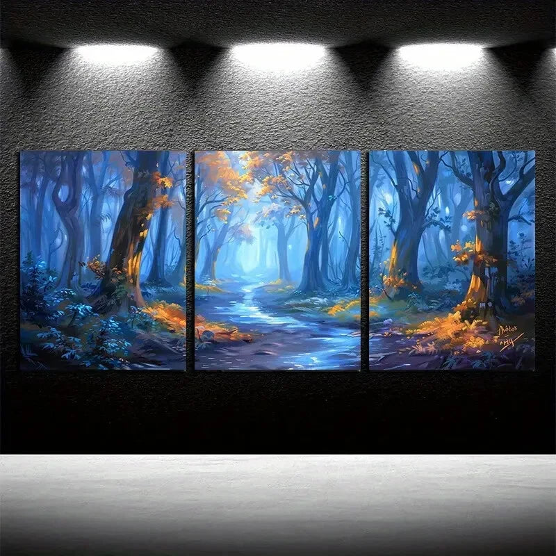 3pcs Winter Fairy Tale Forest with pathway Metal Print Ready to Hang Art - Bella Home Decor