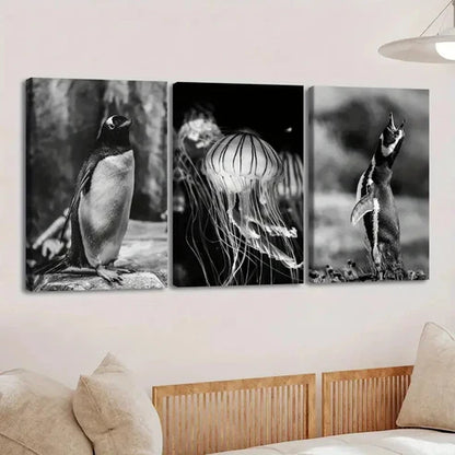 3pcs Vintage Black Animal Penguin Jellyfish Dark Wall Art Set Canvas Unframed - High Quality Print 100% Australian Made Wall Canvas