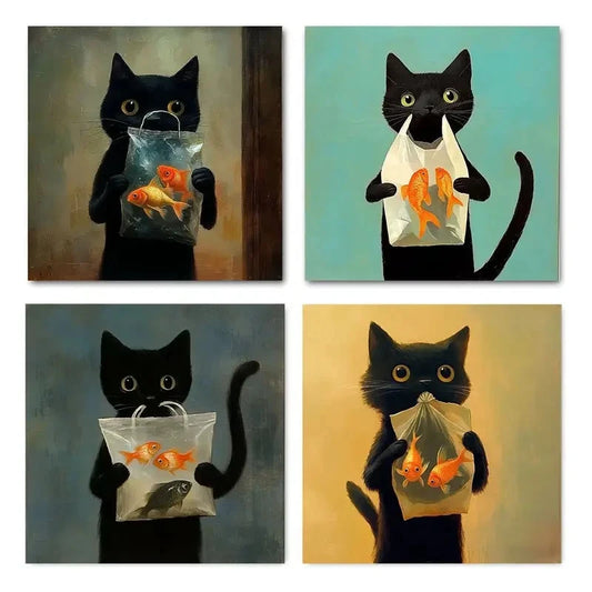 4pcs Painting Funny Black Cat Holding Fish Wall Art Canvas Framed