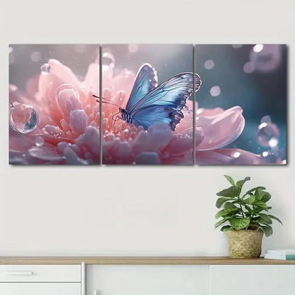 3pcs Elegant Blue Butterfly Pink Flower Perfect Wall Art Set Canvas Unframed - High Quality Print 100% Australian Made Wall Canvas