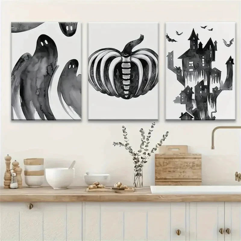 3pcs Black & White Gothic Paintings Metal Print Ready to Hang Art - Bella Home Decor