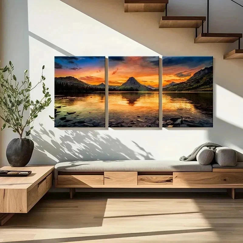 3pcs Lake Glacier National Park Sunset Wall Art Set Canvas Framed 50x70cm - High Quality Print 100% Australian Made Wall Canvas Ready to Hang