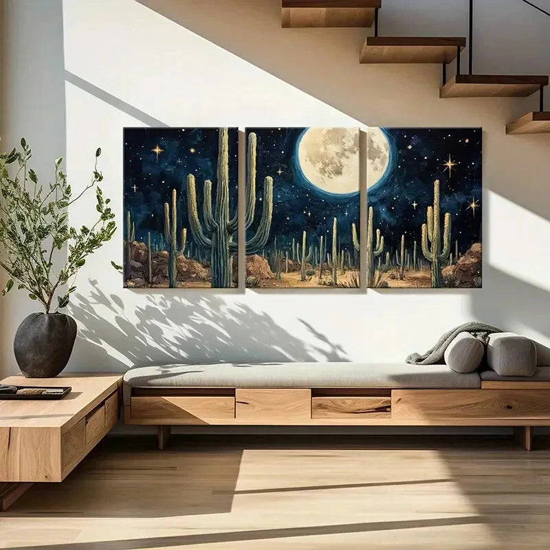 3pcs Moonlit Desert Cactus Night Sky Stars Metal Print Ready to Hang Art - Bella Home Decor