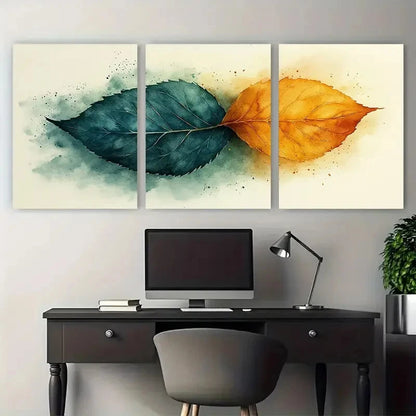 3pcs Modern Green Golden Abstract Leaf Metal Print Ready to Hang Art - Bella Home Decor
