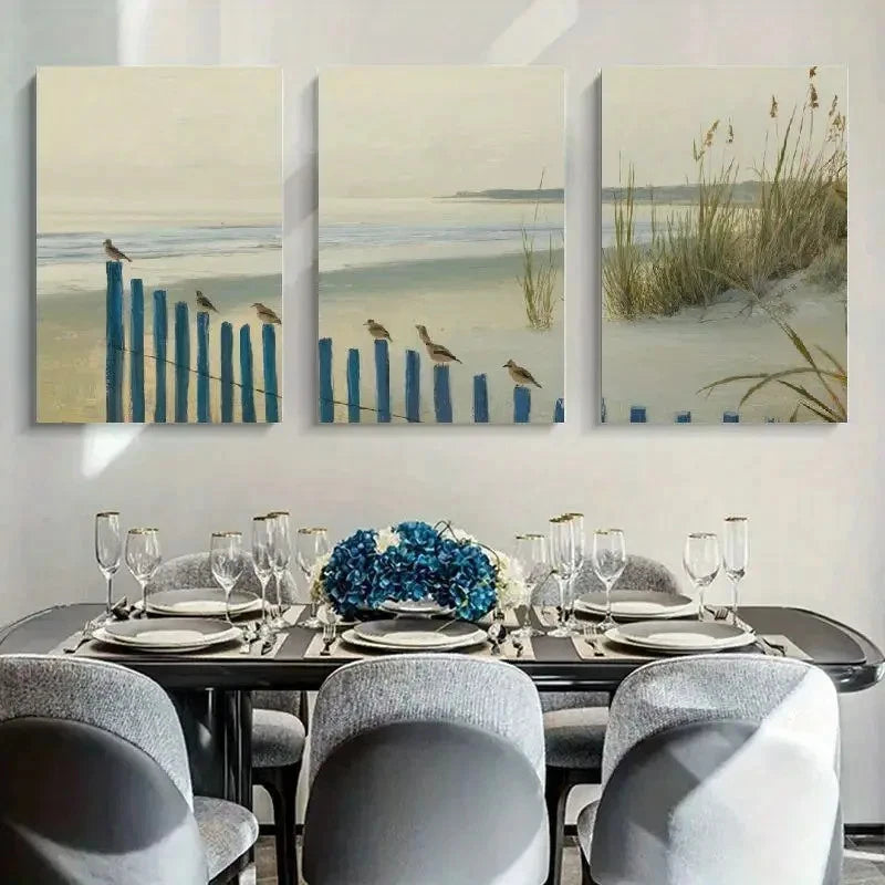 3pcs Beach Scene Soft Chalk Style Triptych Metal Print Ready to Hang Art - Bella Home Decor