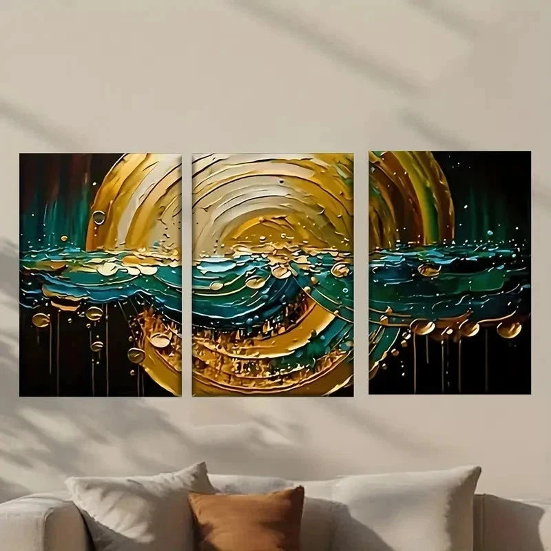 3pcs Painting of a Golden And Blue Wave Wall Art Set Canvas Framed 50x70cm - High Quality Print 100% Australian Made Wall Canvas Ready to Hang