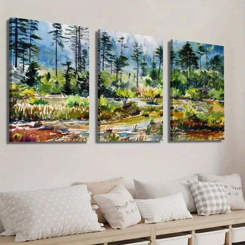 3pcs Pine Trees & Stream Illustration Landscape Wall Art Set Canvas Unframed - High Quality Print 100% Australian Made Wall Canvas
