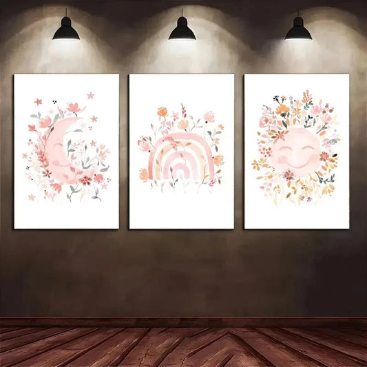 3pcs Sun Moon And Rainbow Minimalistic Poster Metal Print Ready to Hang Art