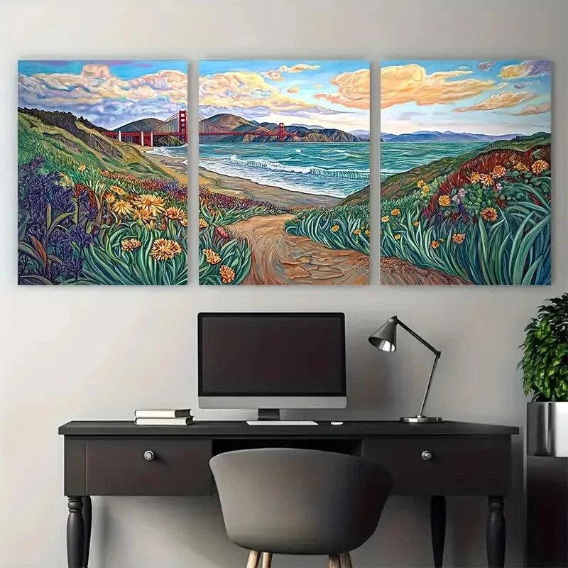 3pcs Baker Beach Golden Gate Bridge Wall Art Set Canvas Framed 60x90cm - High Quality Print 100% Australian Made Wall Canvas Ready to Hang - Bella Home Decor