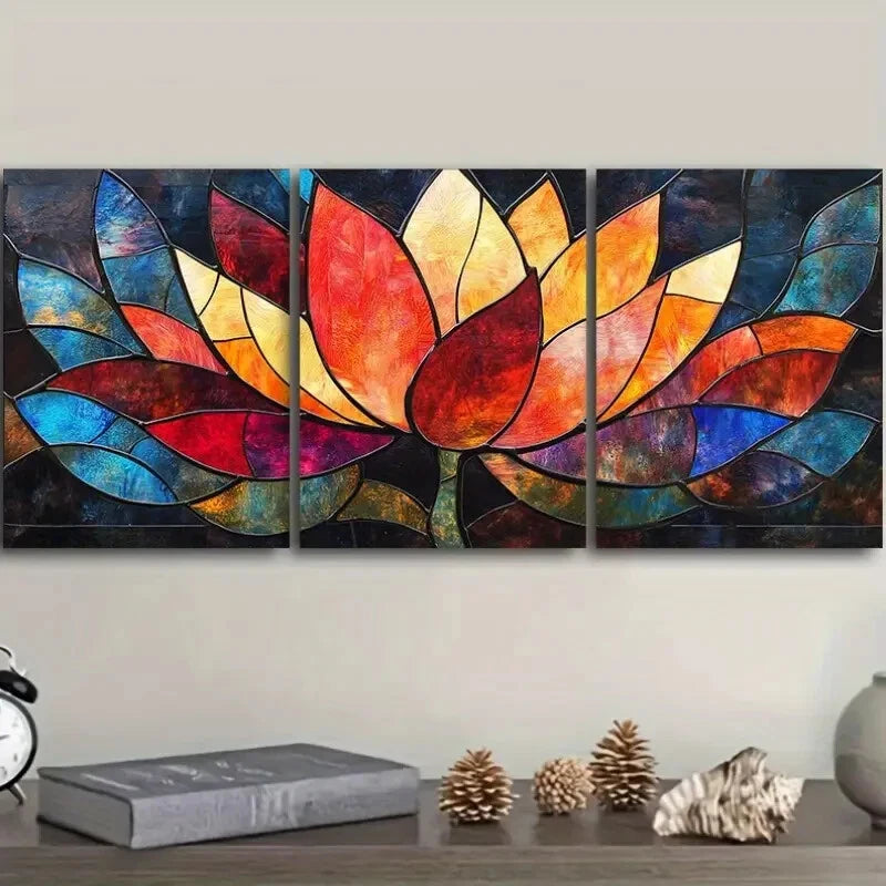 3pcs Painting Vibrant Stained Glass Lotus Flower Wall Art Set Canvas Framed 40x60cm - High Quality Print 100% Australian Made Wall Canvas Ready to Hang