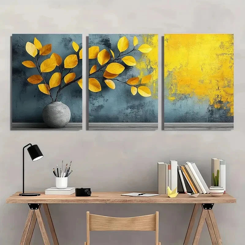 3pcs Vibrant Yellow & Blue Leaf Botanical Metal Print Ready to Hang Art - Bella Home Decor