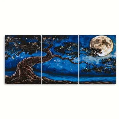 3pcs Mystical Moonlit Forest Scene with Pine Trees Metal Print Ready to Hang Art
