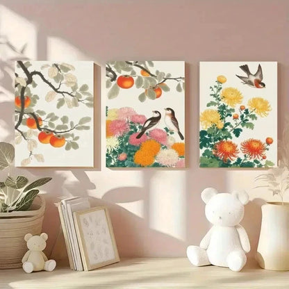 3pcs Chrysanthemum, Persimmon, Songbird Wall Art Set Canvas Framed 60x90cm - High Quality Print 100% Australian Made Wall Canvas Ready to Hang - Bella Home Decor
