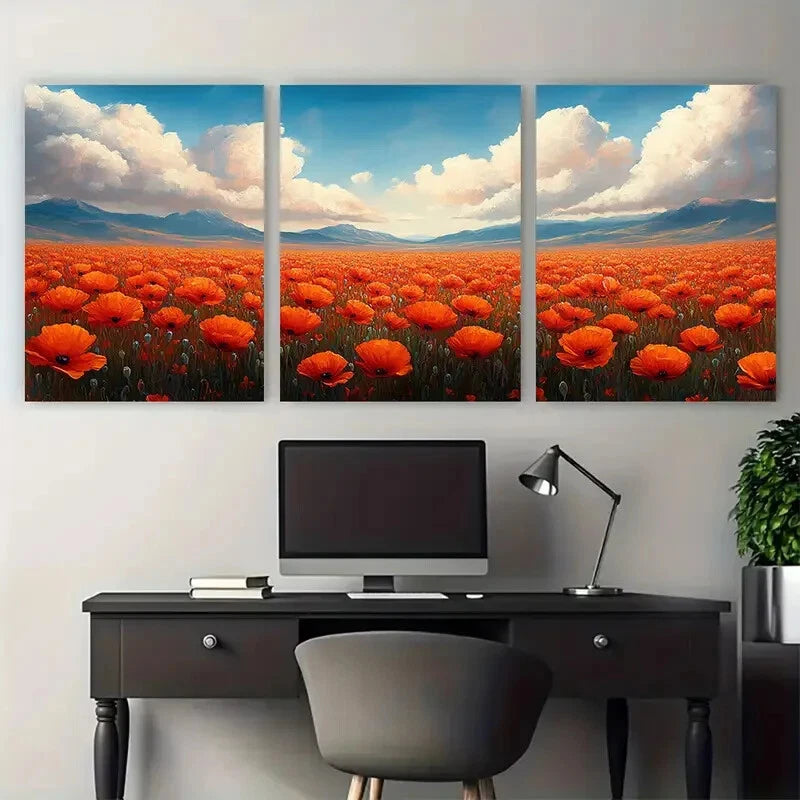 3pcs Blooming Poppy Field Illustration Metal Print Ready to Hang Art - Bella Home Decor