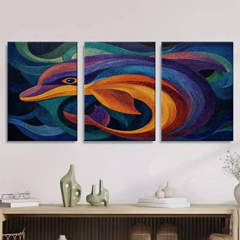 3pcs Abstract Dolphin Wall Art Set Canvas Framed 50x70cm - High Quality Print 100% Australian Made Wall Canvas Ready to Hang - Bella Home Decor