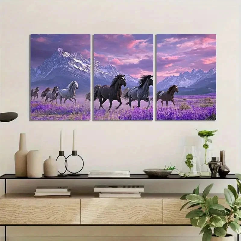 3pcs Black White Gray & Purple Wild Horses Metal Print Ready to Hang Art - Bella Home Decor