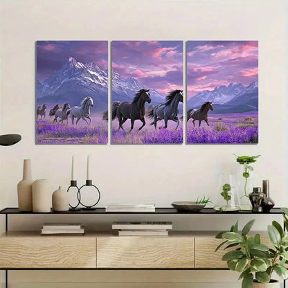 3pcs Black White Gray & Purple Wild Horses Metal Print Ready to Hang Art - Bella Home Decor