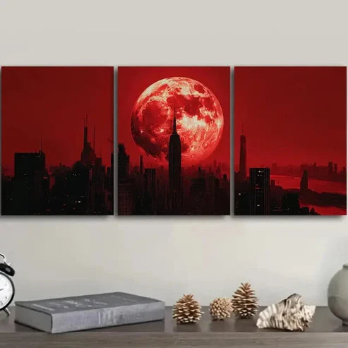 3pcs Big Red Moon Cityscape Wall Art Set Canvas Unframed - High Quality Print 100% Australian Made Wall Canvas - Bella Home Decor