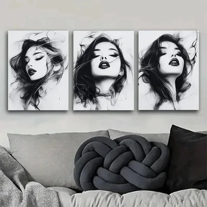 3pcs Monochrome Portrait Flowing Hair  Wall Art Set Canvas Unframed - High Quality Print 100% Australian Made Wall Canvas