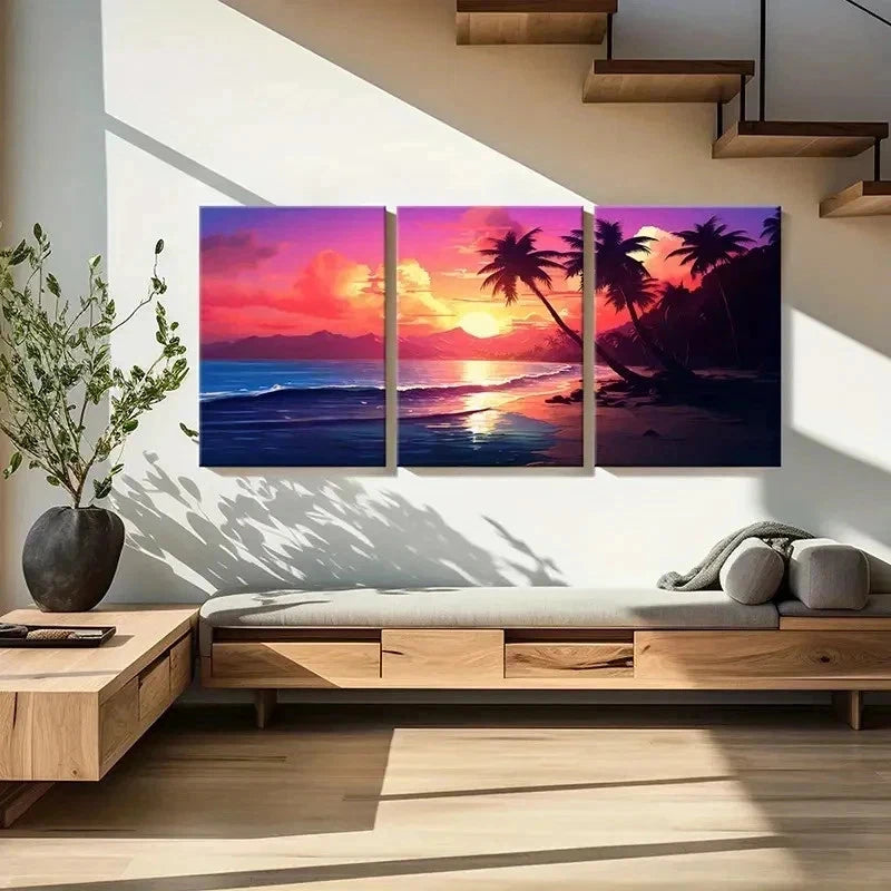 3pcs Colorful Sky Palm Trees & Ocean Waves Wall Art Set Canvas Framed 40x60cm - High Quality Print 100% Australian Made Wall Canvas Ready to Hang - Bella Home Decor