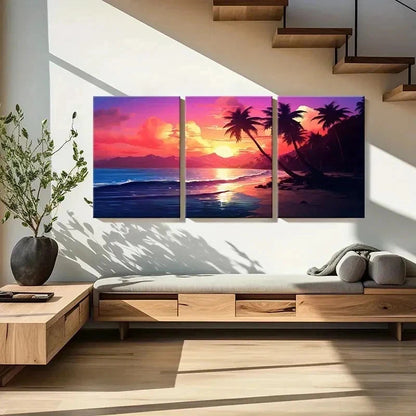 3pcs Colorful Sky Palm Trees & Ocean Waves Wall Art Set Canvas Framed 40x60cm - High Quality Print 100% Australian Made Wall Canvas Ready to Hang - Bella Home Decor