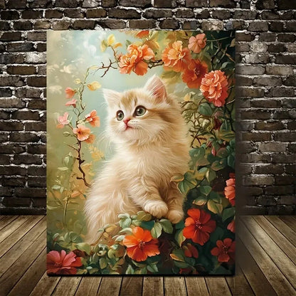 Cute Persian Kitten with Flowers Painting  40x60cm Metal Print Ready to Hang - Bella Home Decor