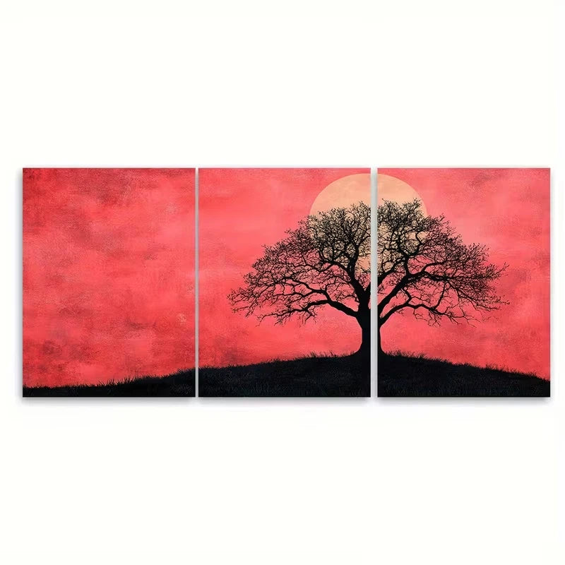 3pcs Abstract Pink Sky with Black Tree Silhouette Metal Print Ready to Hang Art - Bella Home Decor