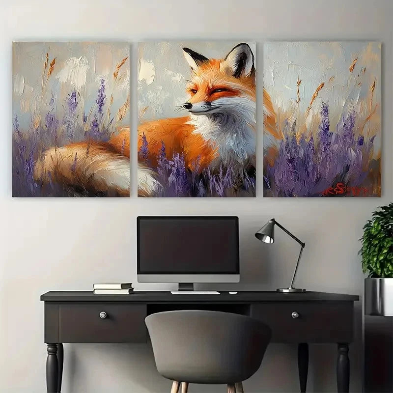 3pcs Fox in Lupine Floral field Illustration Metal Print Ready to Hang Art - Bella Home Decor