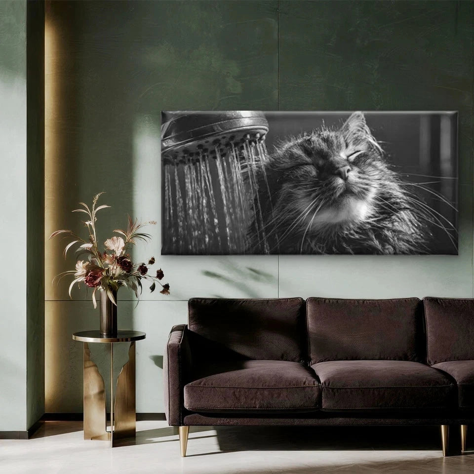 Bathing Tabby Cat Wall Art Canvas Office Home Room Framed 120x60cm