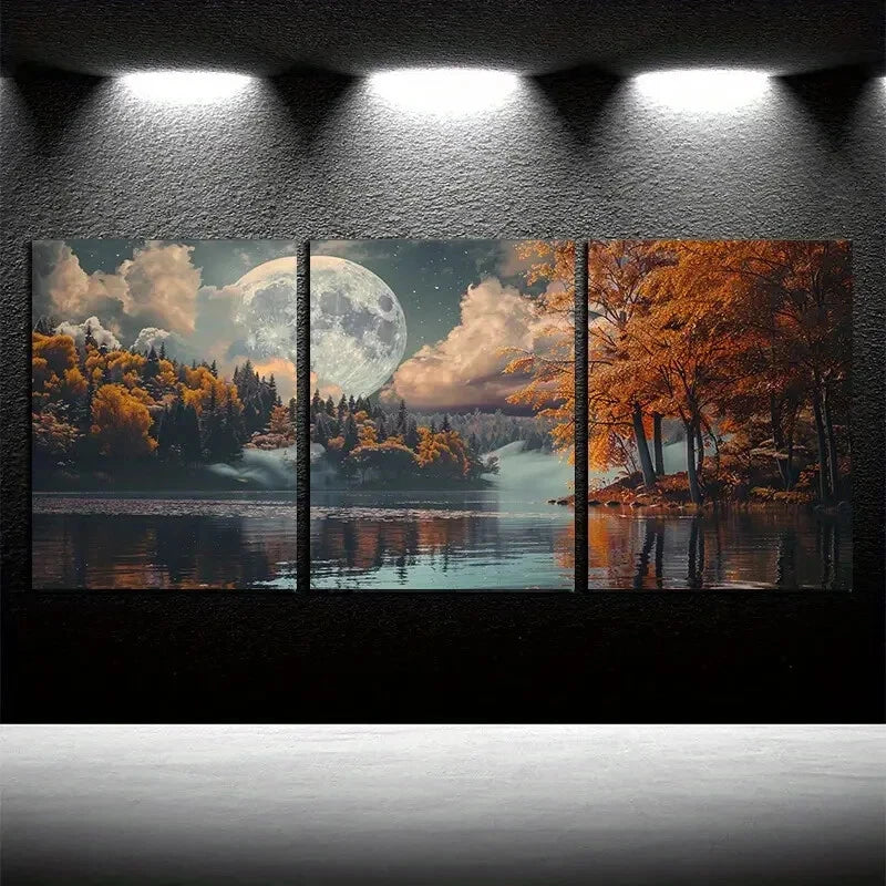 3pcs Full Moon in The Sky Over An Autumn Forest Metal Print Ready to Hang Art - Bella Home Decor