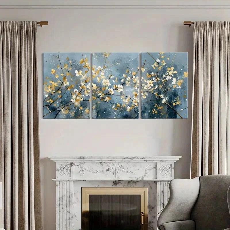 3pcs Abstract Floral Art Golden Blossoms Elegant Metal Print Ready to Hang Art - Bella Home Decor